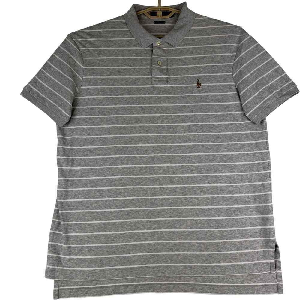 Polo Ralph Lauren Polo Shirt Mens XL Grey White Striped Pima Soft Touch Cotton